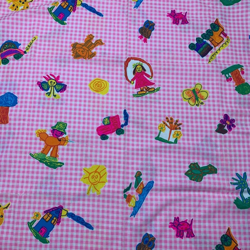 Vintage Hawaiian Textiles Pink White Gingham Kids Drawing Fabric Colorful